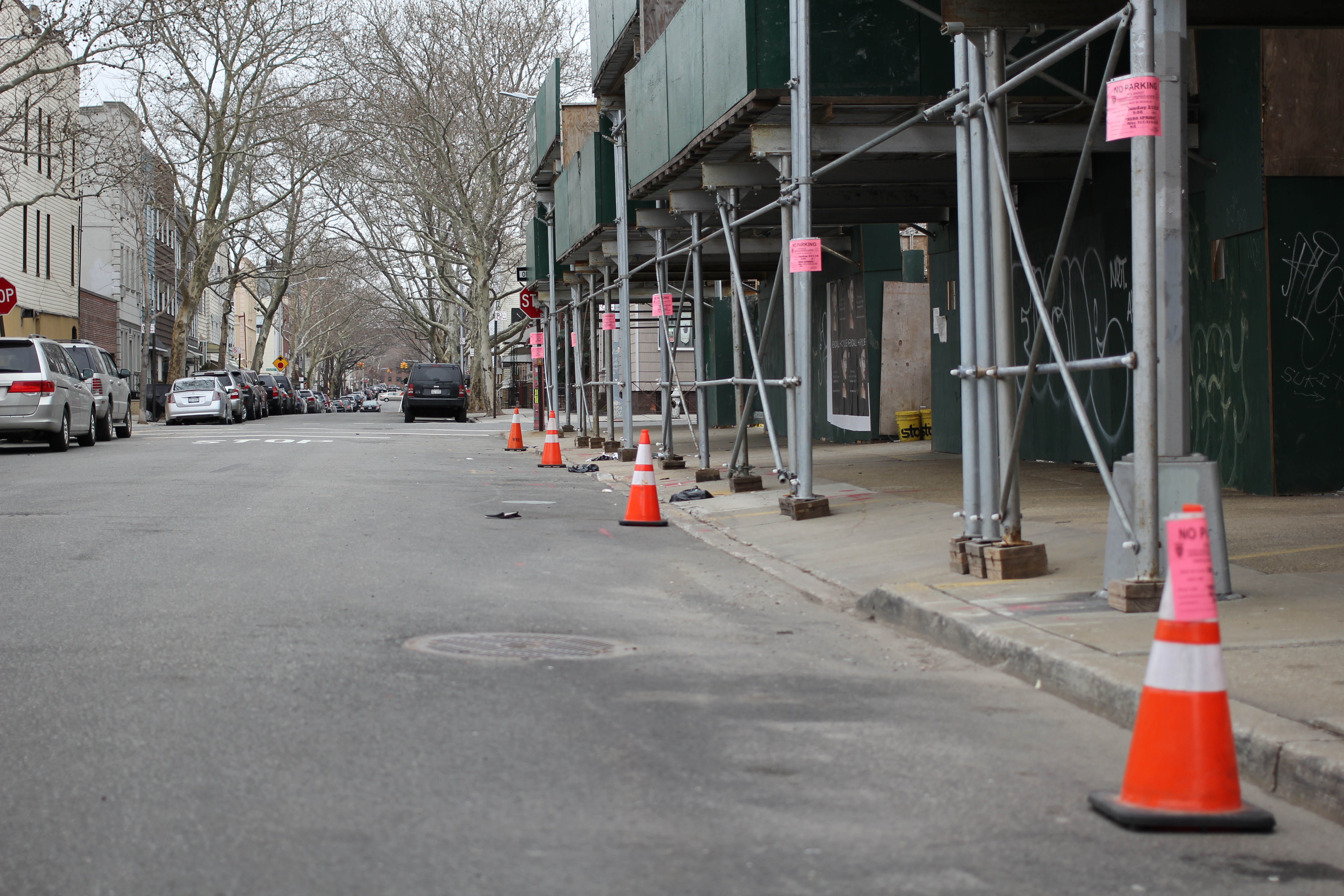 Cones and no parking signs on NYC block